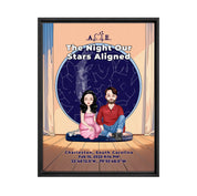 Personalized couple portrait canvas of two front-facing people sitting together indoors beneath a custom star map, with customizable facial features, adult and senior couple options, and optional location name, date, and GPS coordinates — LOVECOUPLET