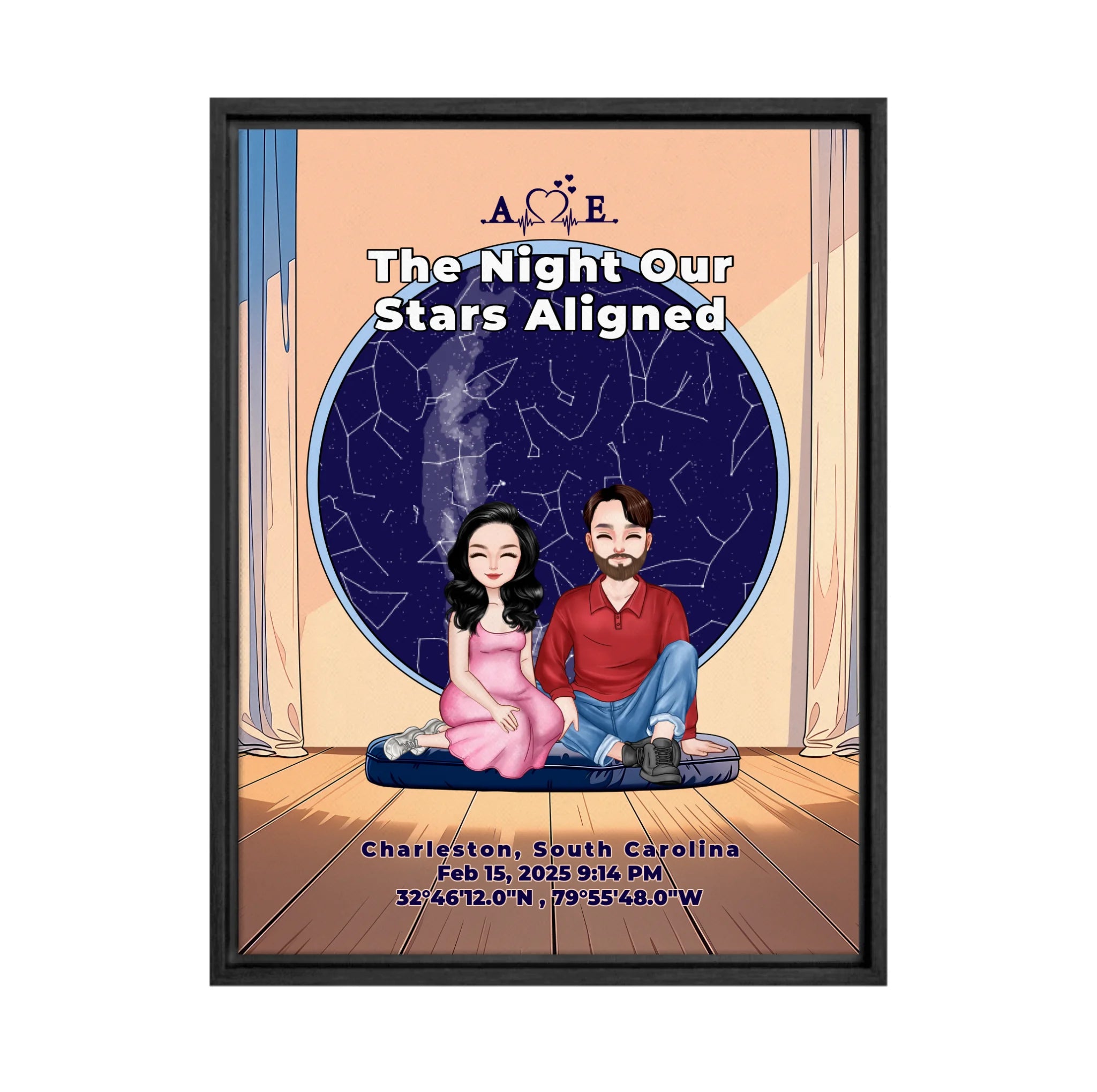 Personalized couple portrait canvas of two front-facing people sitting together indoors beneath a custom star map, with customizable facial features, adult and senior couple options, and optional location name, date, and GPS coordinates — LOVECOUPLET