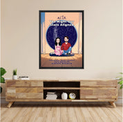Personalized couple portrait canvas of two front-facing people sitting together indoors beneath a custom star map, with customizable facial features, adult and senior couple options, and optional location name, date, and GPS coordinates — LOVECOUPLET