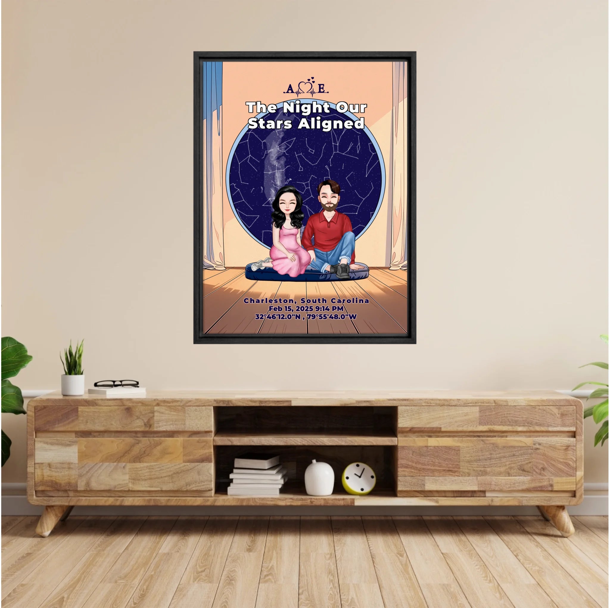 Personalized couple portrait canvas of two front-facing people sitting together indoors beneath a custom star map, with customizable facial features, adult and senior couple options, and optional location name, date, and GPS coordinates — LOVECOUPLET