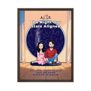 Personalized couple portrait canvas of two front-facing people sitting together indoors beneath a custom star map, with customizable facial features, adult and senior couple options, and optional location name, date, and GPS coordinates — LOVECOUPLET