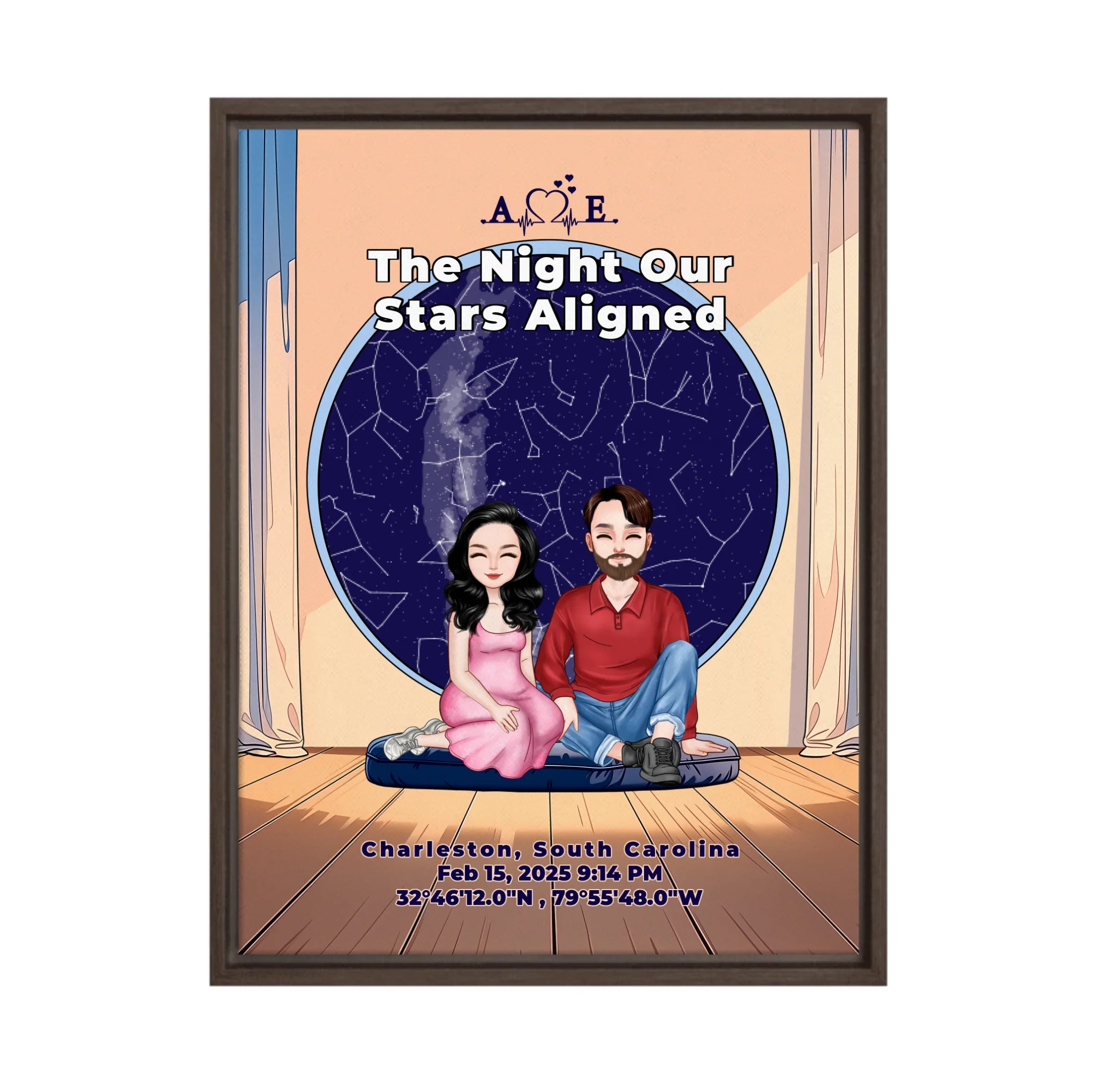 Personalized couple portrait canvas of two front-facing people sitting together indoors beneath a custom star map, with customizable facial features, adult and senior couple options, and optional location name, date, and GPS coordinates — LOVECOUPLET