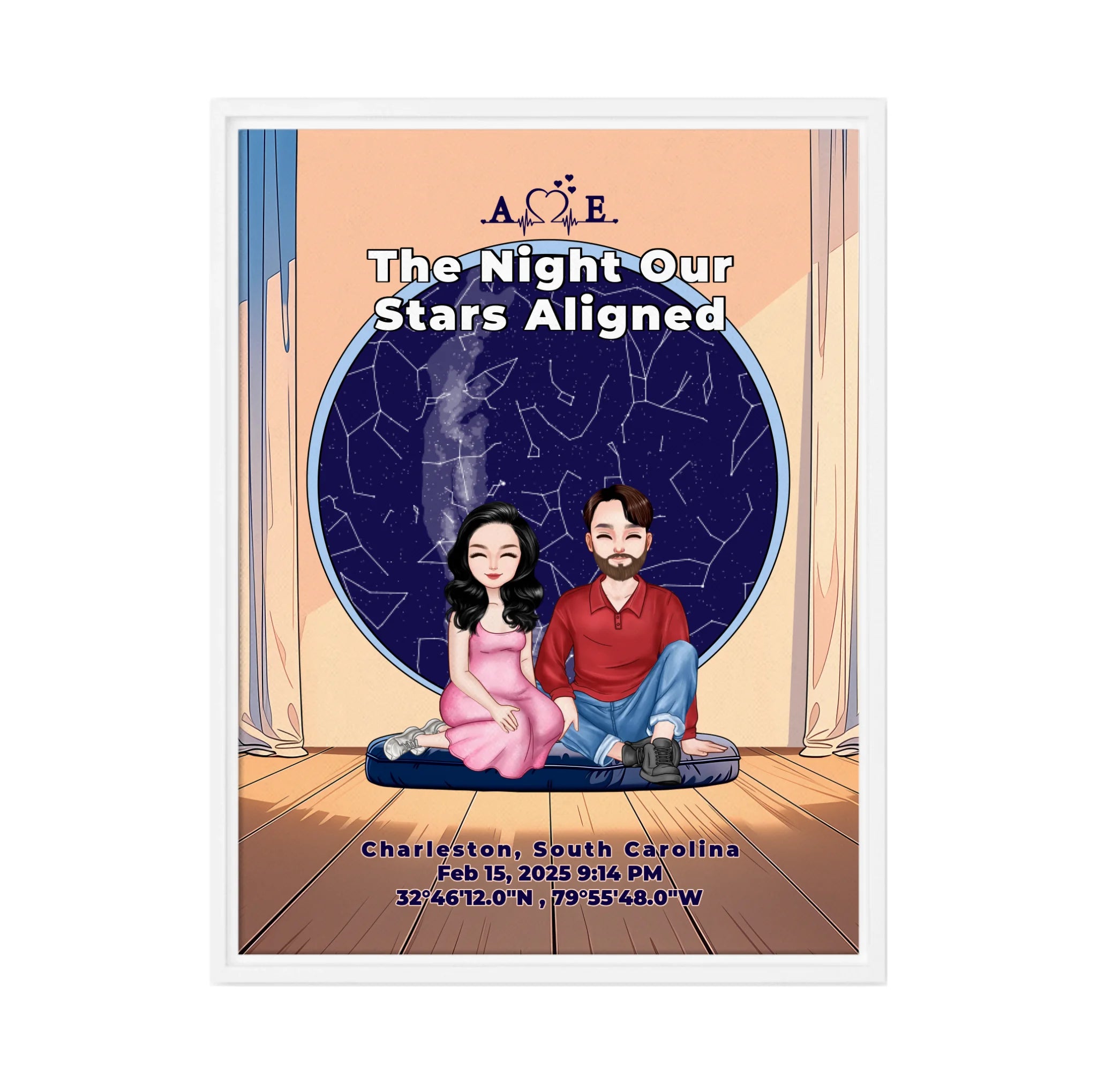 Personalized couple portrait canvas of two front-facing people sitting together indoors beneath a custom star map, with customizable facial features, adult and senior couple options, and optional location name, date, and GPS coordinates — LOVECOUPLET