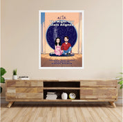 Personalized couple portrait canvas of two front-facing people sitting together indoors beneath a custom star map, with customizable facial features, adult and senior couple options, and optional location name, date, and GPS coordinates — LOVECOUPLET