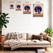 Personalized couple portrait canvas of two front-facing people sitting together indoors beneath a custom star map, with customizable facial features, adult and senior couple options, and optional location name, date, and GPS coordinates — LOVECOUPLET
