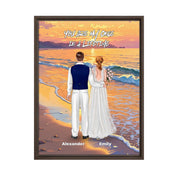 Once in a Lifetime personalized wedding couple framed canvas of two people standing together on a golden beach at sunset, with a custom romantic quote above them, names displayed at the bottom, and personalized wedding characters — LOVECOUPLET