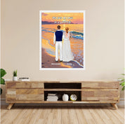 Once in a Lifetime personalized wedding couple framed canvas of two people standing together on a golden beach at sunset, with a custom romantic quote above them, names displayed at the bottom, and personalized wedding characters — LOVECOUPLET
