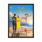 Personalized couple Framed canvas of a man and woman walking a sunset boardwalk, with a wooden signpost showing custom names and date, plus a custom location map and GPS coordinates built into the shore — LOVECOUPLET