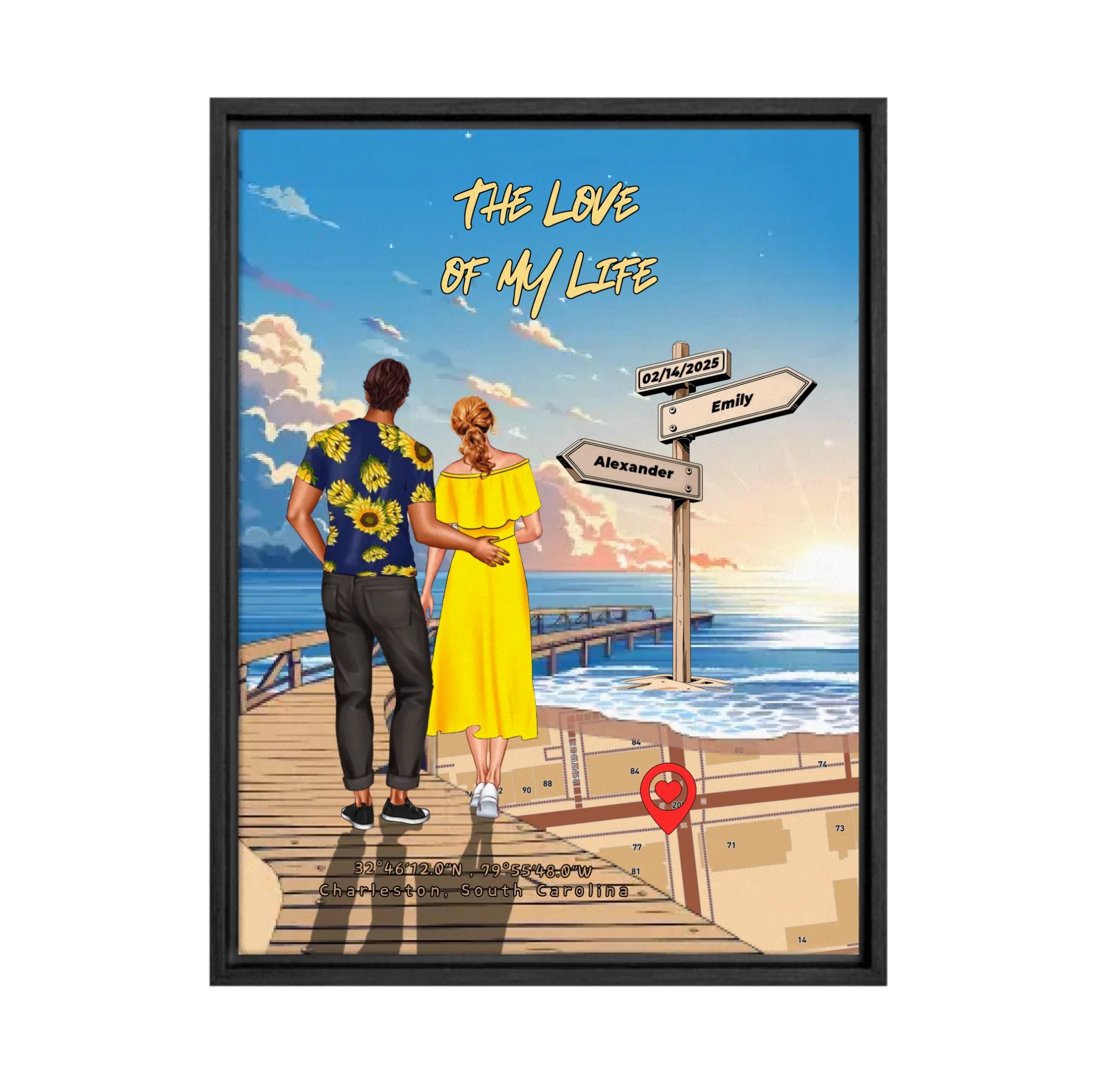Personalized couple Framed canvas of a man and woman walking a sunset boardwalk, with a wooden signpost showing custom names and date, plus a custom location map and GPS coordinates built into the shore — LOVECOUPLET