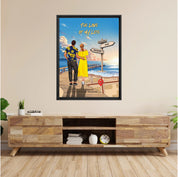 Personalized couple Framed canvas of a man and woman walking a sunset boardwalk, with a wooden signpost showing custom names and date, plus a custom location map and GPS coordinates built into the shore — LOVECOUPLET