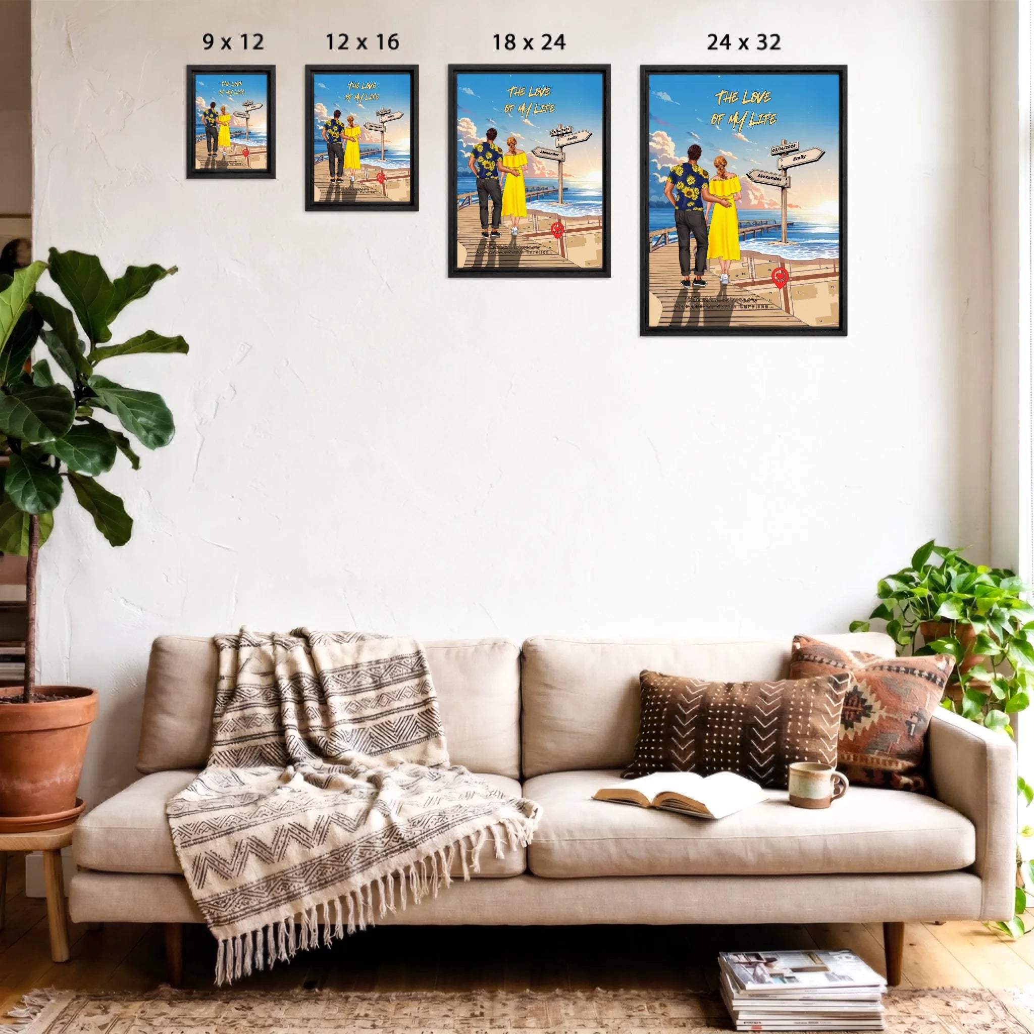 Personalized couple Framed canvas of a man and woman walking a sunset boardwalk, with a wooden signpost showing custom names and date, plus a custom location map and GPS coordinates built into the shore — LOVECOUPLET