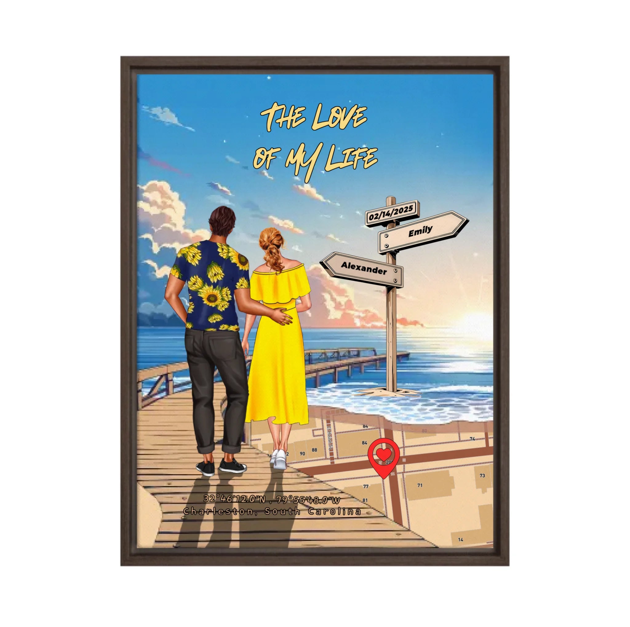 Personalized couple Framed canvas of a man and woman walking a sunset boardwalk, with a wooden signpost showing custom names and date, plus a custom location map and GPS coordinates built into the shore — LOVECOUPLET