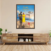 Personalized couple Framed canvas of a man and woman walking a sunset boardwalk, with a wooden signpost showing custom names and date, plus a custom location map and GPS coordinates built into the shore — LOVECOUPLET