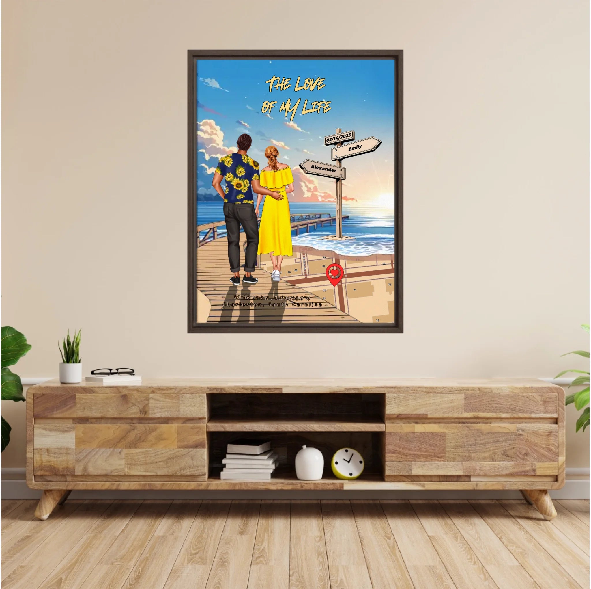 Personalized couple Framed canvas of a man and woman walking a sunset boardwalk, with a wooden signpost showing custom names and date, plus a custom location map and GPS coordinates built into the shore — LOVECOUPLET