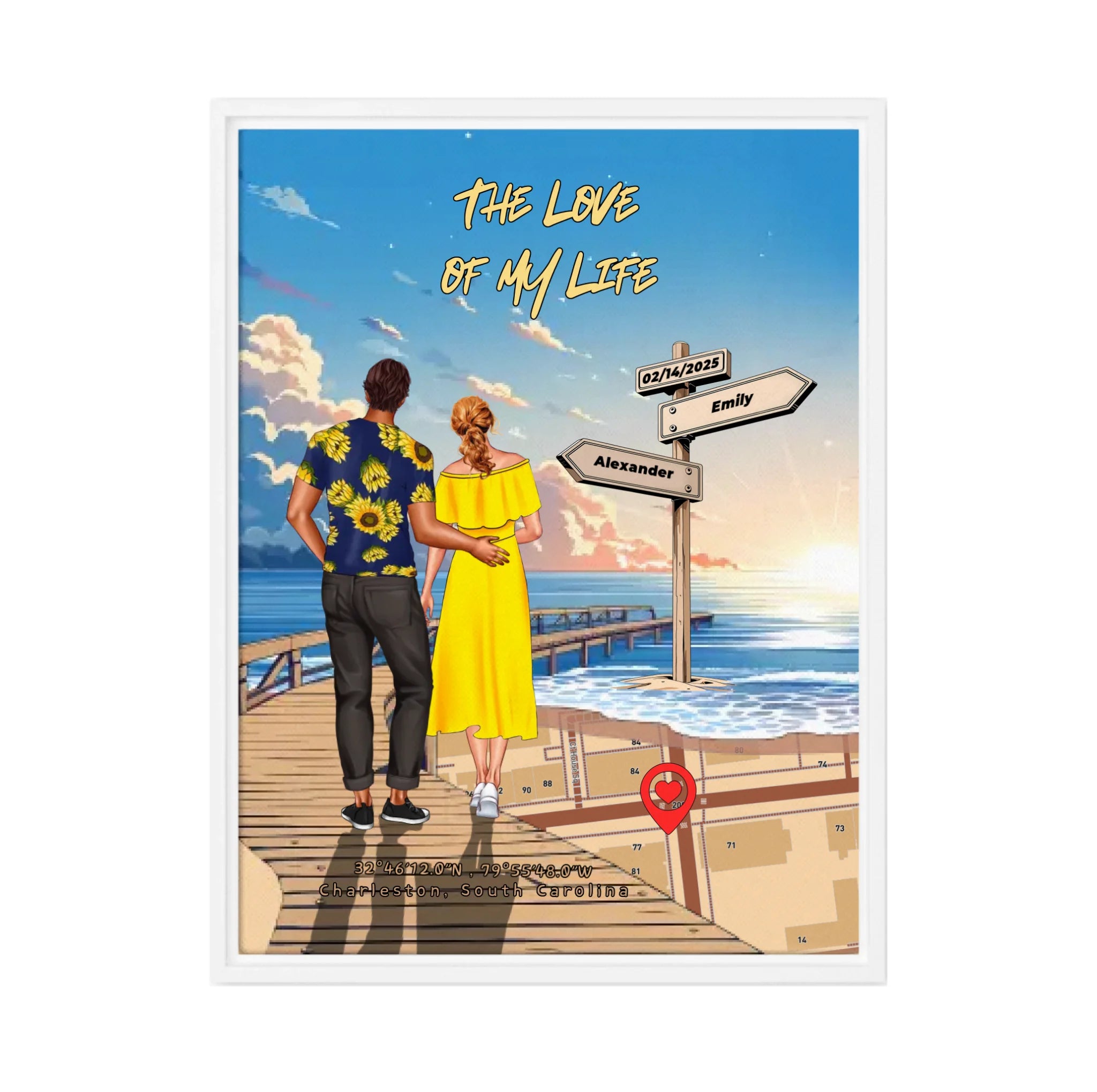 Personalized couple Framed canvas of a man and woman walking a sunset boardwalk, with a wooden signpost showing custom names and date, plus a custom location map and GPS coordinates built into the shore — LOVECOUPLET