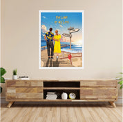Personalized couple Framed canvas of a man and woman walking a sunset boardwalk, with a wooden signpost showing custom names and date, plus a custom location map and GPS coordinates built into the shore — LOVECOUPLET