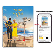 Personalized couple canvas of a man and woman walking a sunset boardwalk, with a wooden signpost showing custom names and date, plus a custom location map and GPS coordinates built into the shore — LOVECOUPLET
