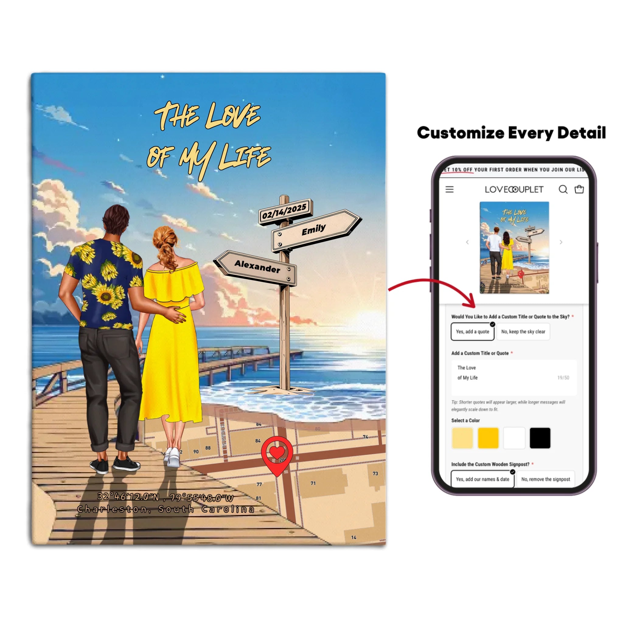 Personalized couple canvas of a man and woman walking a sunset boardwalk, with a wooden signpost showing custom names and date, plus a custom location map and GPS coordinates built into the shore — LOVECOUPLET