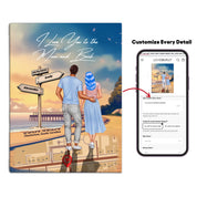 Personalized couple canvas of a man and woman walking a coastal path at sunset, with a wooden signpost showing custom names and date, plus a custom location map and GPS coordinates built into the path — LOVECOUPLET