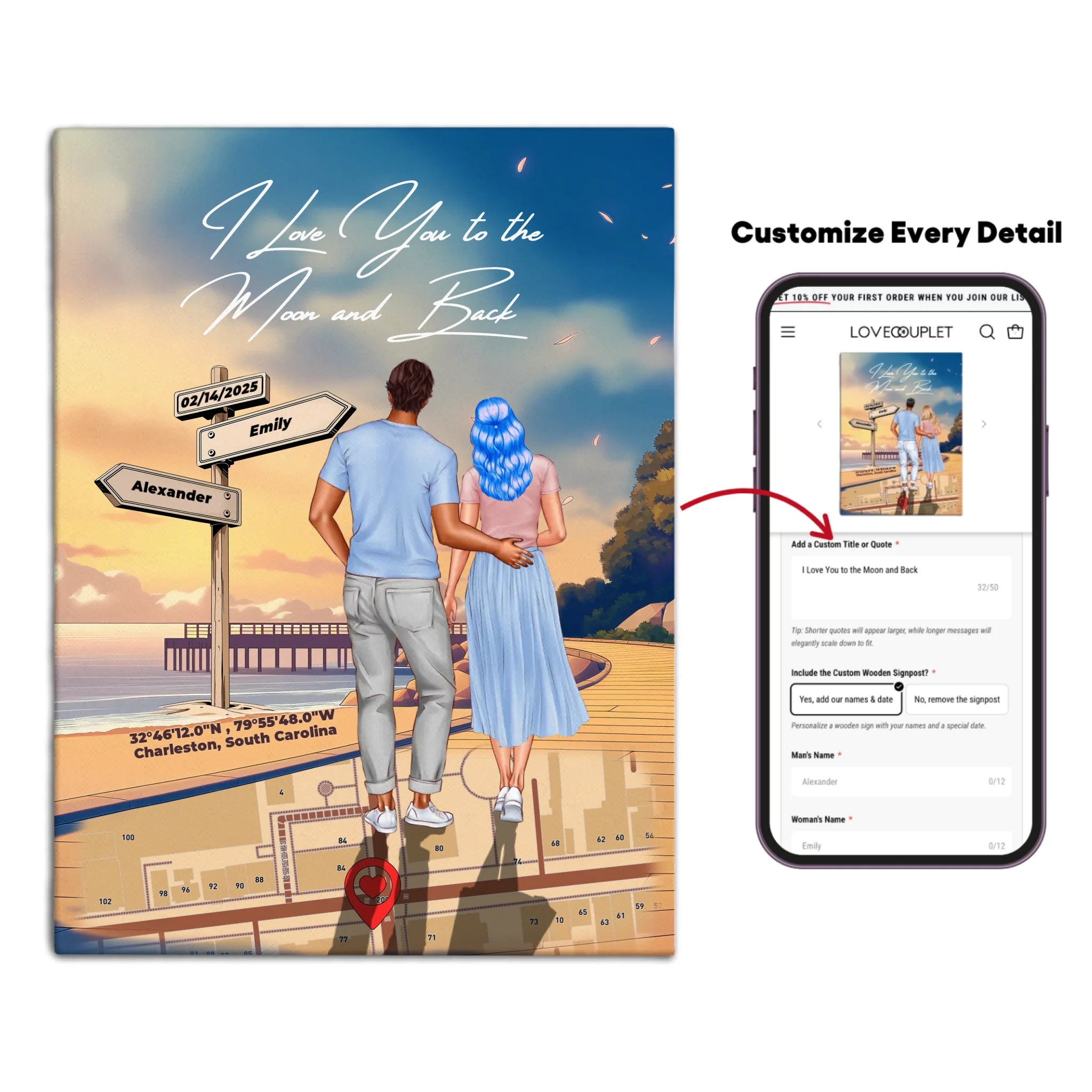 Personalized couple canvas of a man and woman walking a coastal path at sunset, with a wooden signpost showing custom names and date, plus a custom location map and GPS coordinates built into the path — LOVECOUPLET