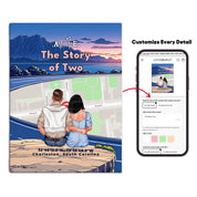 Personalized couple canvas of a couple sitting at a cliff edge overlooking a custom city street map at sunset, with a heartbeat monogram of their initials, GPS coordinates, and city name — LOVECOUPLET