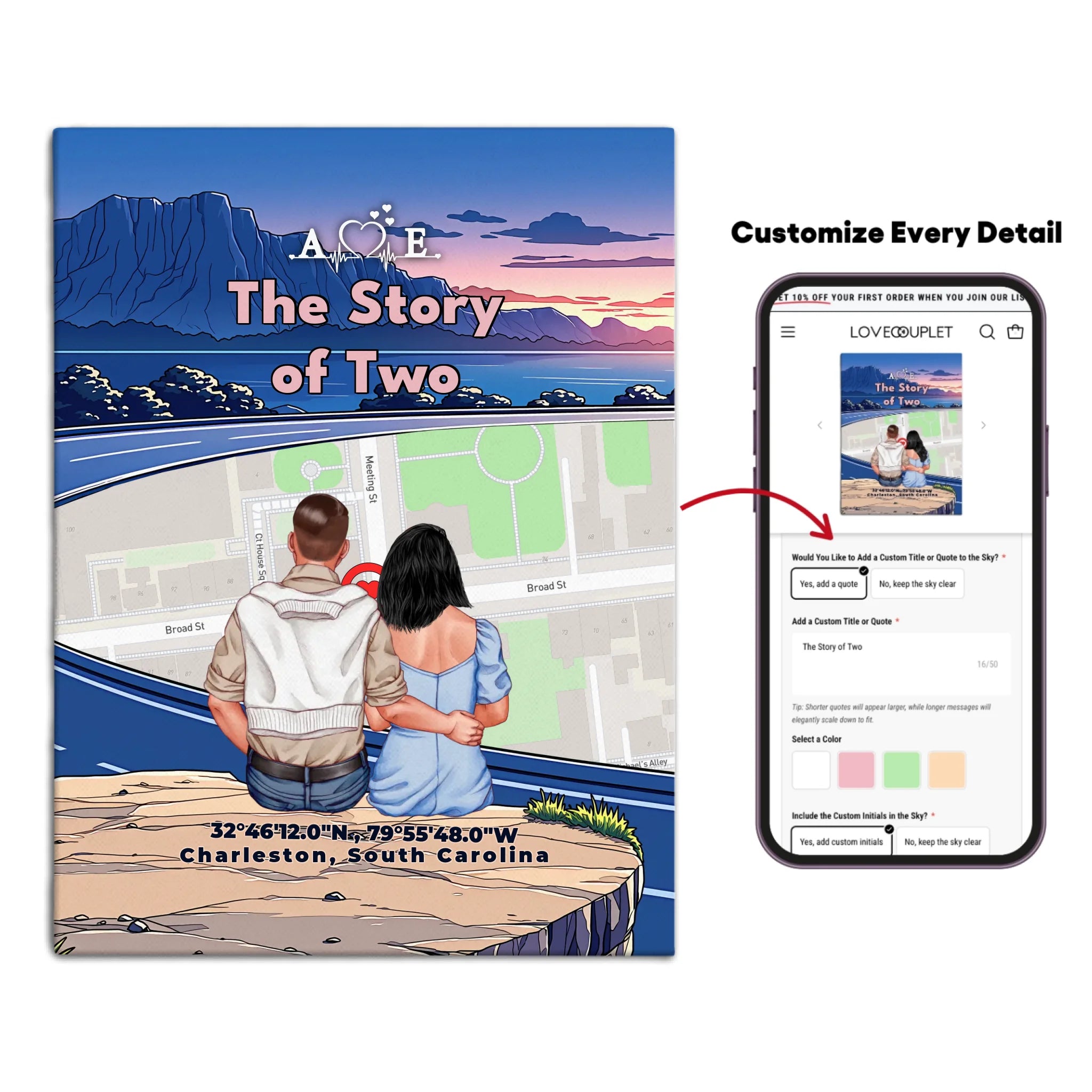 Personalized couple canvas of a couple sitting at a cliff edge overlooking a custom city street map at sunset, with a heartbeat monogram of their initials, GPS coordinates, and city name — LOVECOUPLET