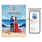 Personalized couple canvas of a couple at the shoreline, with a custom city map set into the sky behind the clouds, GPS coordinates, city name, and handwritten names at the bottom — LOVECOUPLET