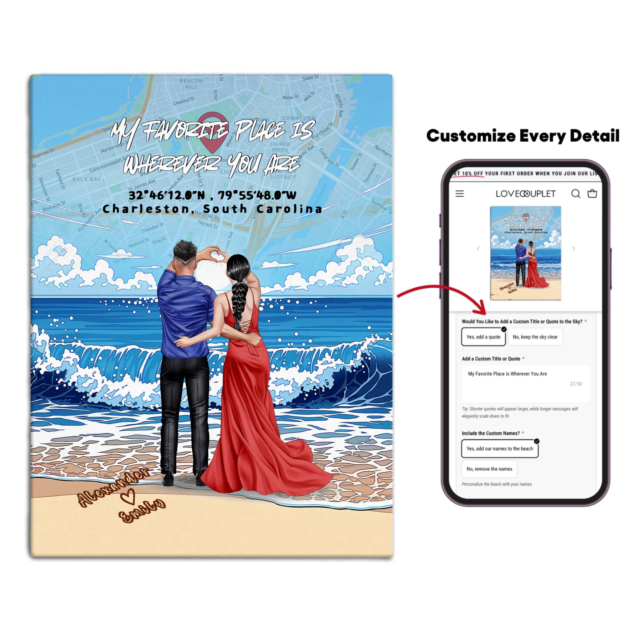 Personalized couple canvas of a couple at the shoreline, with a custom city map set into the sky behind the clouds, GPS coordinates, city name, and handwritten names at the bottom — LOVECOUPLET