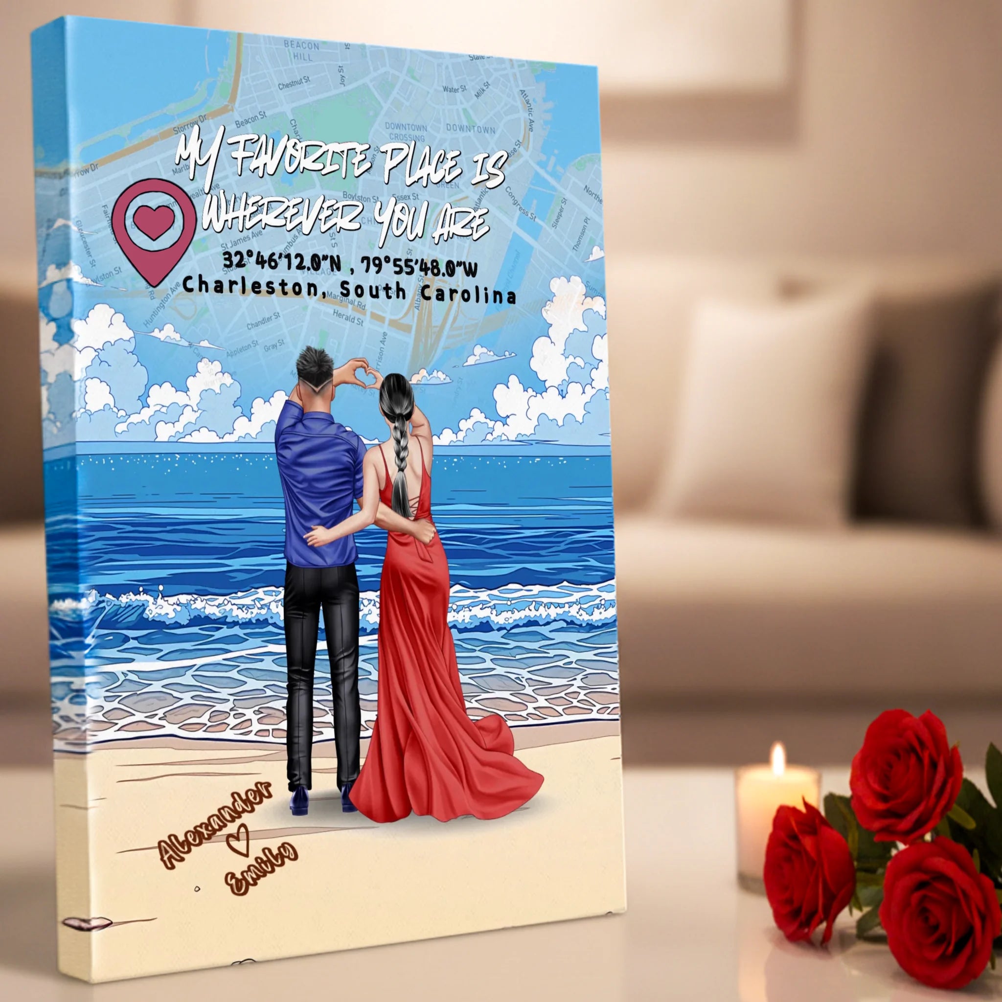 My Favorite Place Is Wherever You Are — Personalized Couple Canvas with Custom Location Map