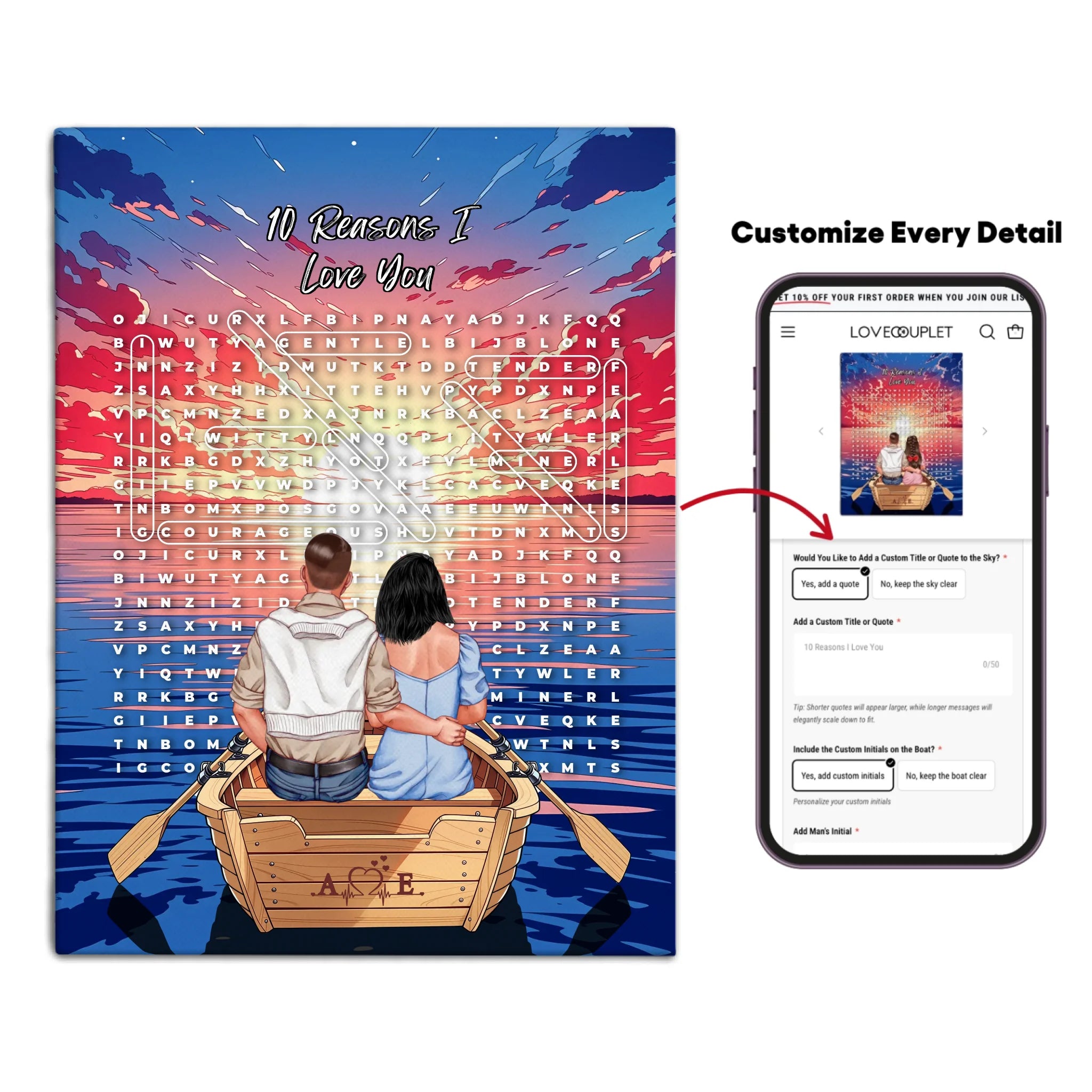 Personalized couple word search canvas with a couple in a rowboat at sunset, the 10 reasons they love each other circled in a custom word search, and monogrammed initials carved into the boat — LOVECOUPLET
