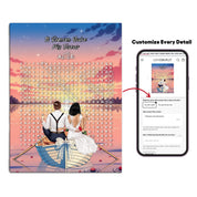 Personalized wedding word search canvas with a bride and groom holding champagne in a bow-decorated rowboat at sunset, custom circled words and heartbeat monogram initials above the grid — LOVECOUPLET