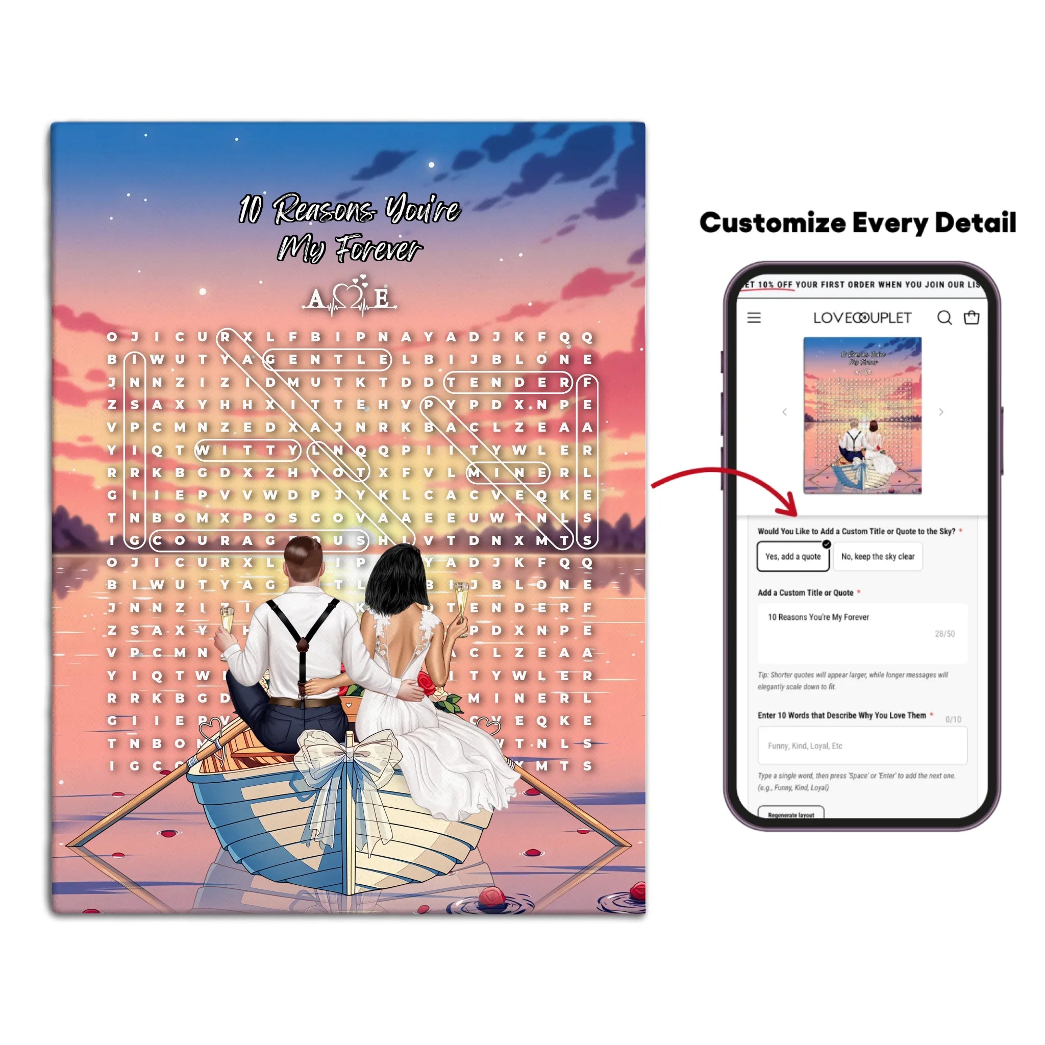 Personalized wedding word search canvas with a bride and groom holding champagne in a bow-decorated rowboat at sunset, custom circled words and heartbeat monogram initials above the grid — LOVECOUPLET