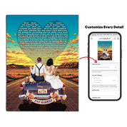 Personalized wedding canvas of a bride and groom on a flower-adorned vintage car with custom lyrics shaped into a heart above them, initials monogrammed on the license plate, and an open road stretching into a golden sunset — LOVECOUPLET