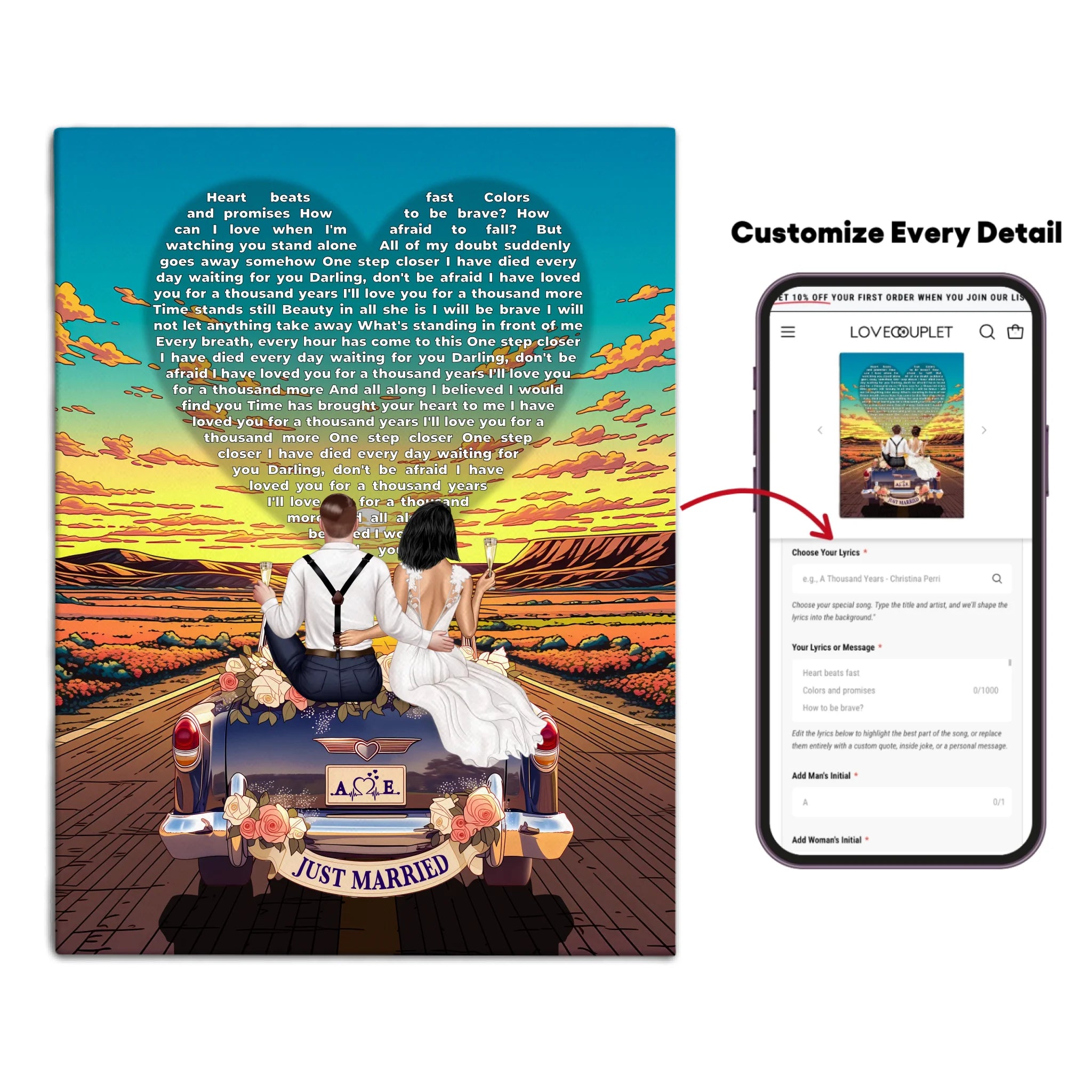 Personalized wedding canvas of a bride and groom on a flower-adorned vintage car with custom lyrics shaped into a heart above them, initials monogrammed on the license plate, and an open road stretching into a golden sunset — LOVECOUPLET