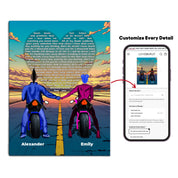 Personalized couple canvas of two people holding hands on motorcycles at sunset, with custom lyrics shaped into a heart above the open road and their names displayed at the bottom — LOVECOUPLET