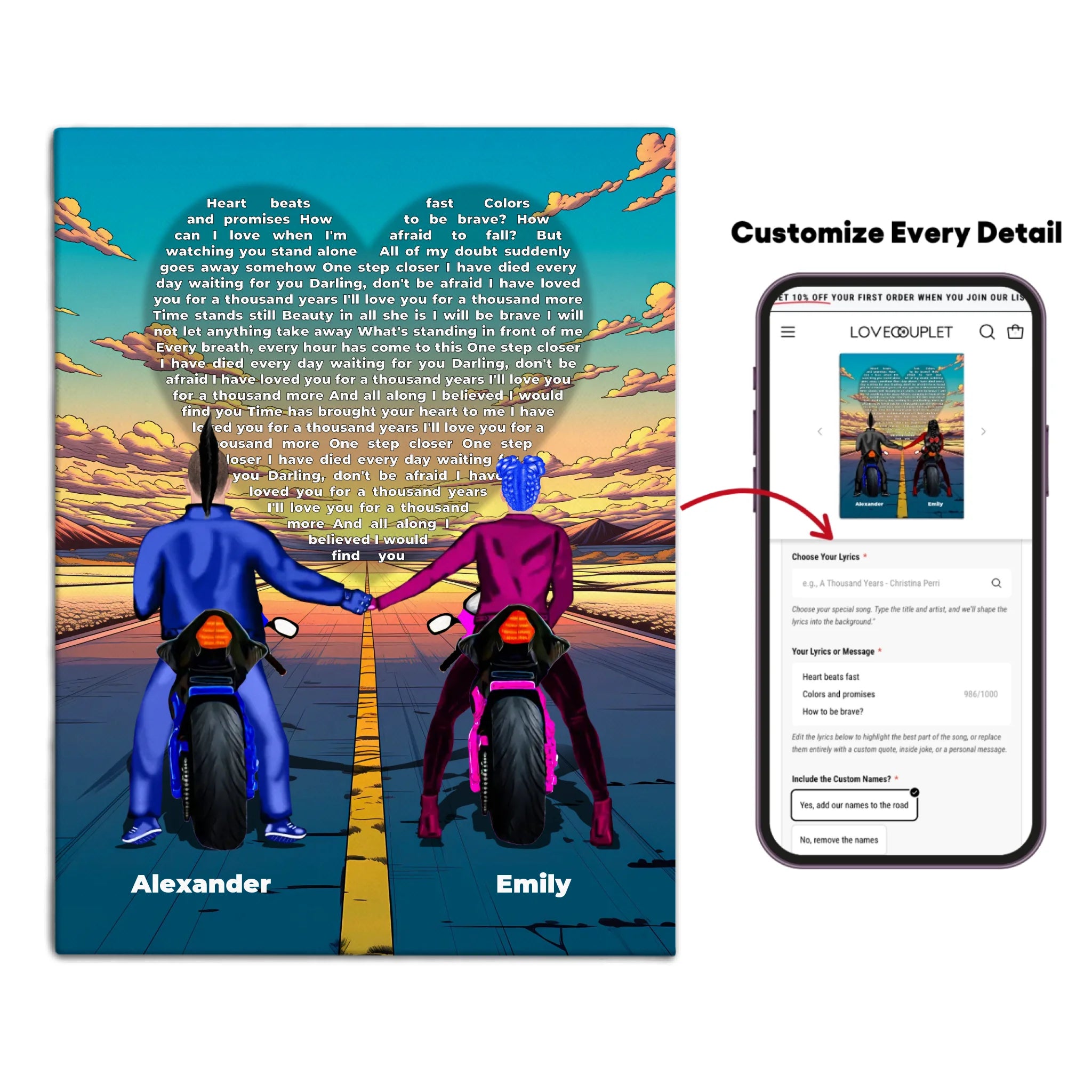 Personalized couple canvas of two people holding hands on motorcycles at sunset, with custom lyrics shaped into a heart above the open road and their names displayed at the bottom — LOVECOUPLET