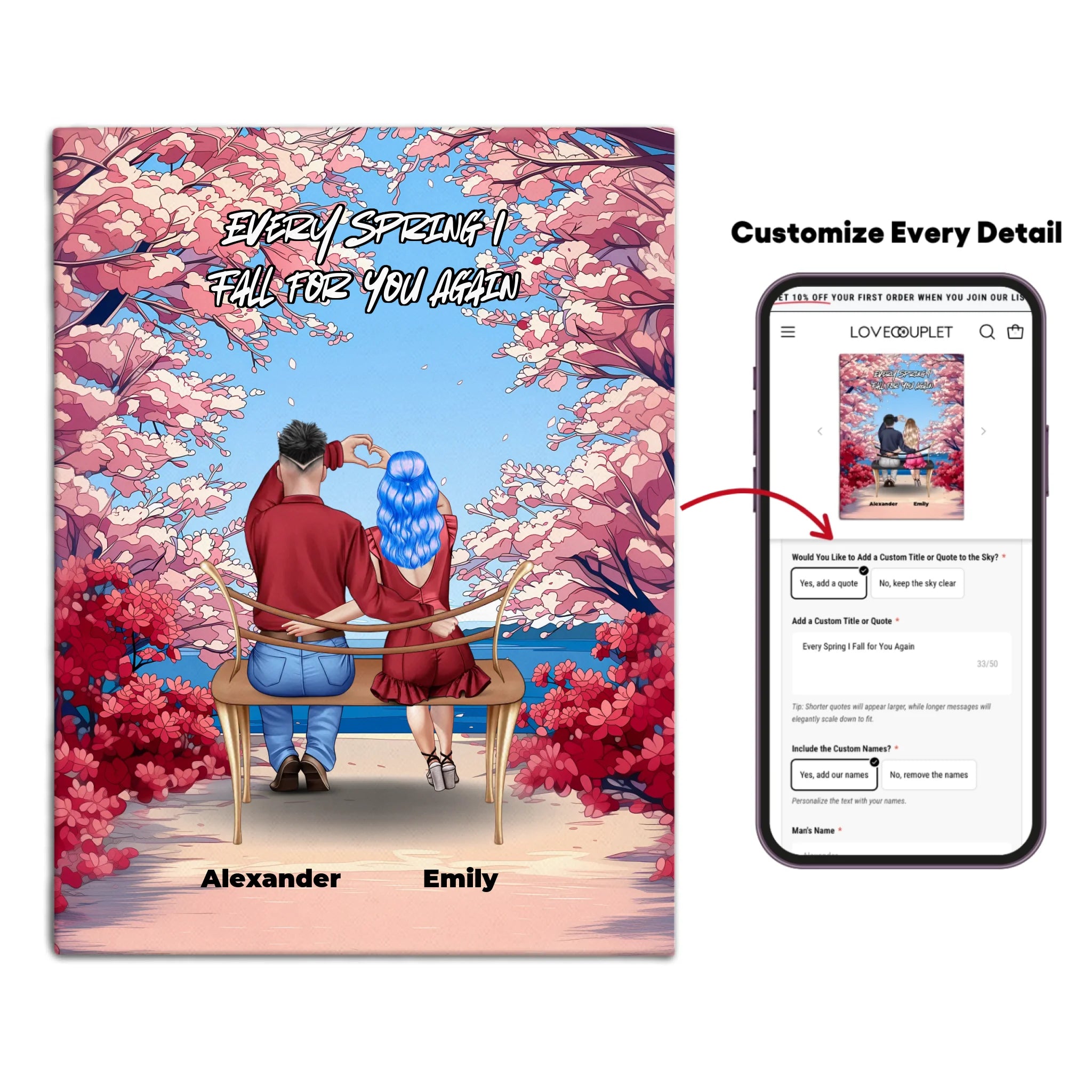 Personalized couple canvas of two people sitting together on a bench beneath blooming pink spring flowers, with a custom romantic quote above them and their names displayed at the bottom — LOVECOUPLET