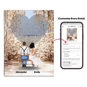 Personalized wedding couple canvas of a bride and groom sitting on a bench beneath a blooming floral garden arch, with custom lyrics shaped into a heart above them and their names at the base of the scene — LOVECOUPLET