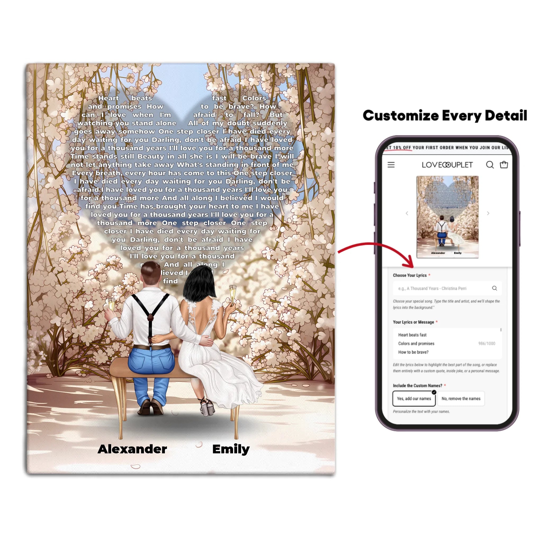 Personalized wedding couple canvas of a bride and groom sitting on a bench beneath a blooming floral garden arch, with custom lyrics shaped into a heart above them and their names at the base of the scene — LOVECOUPLET