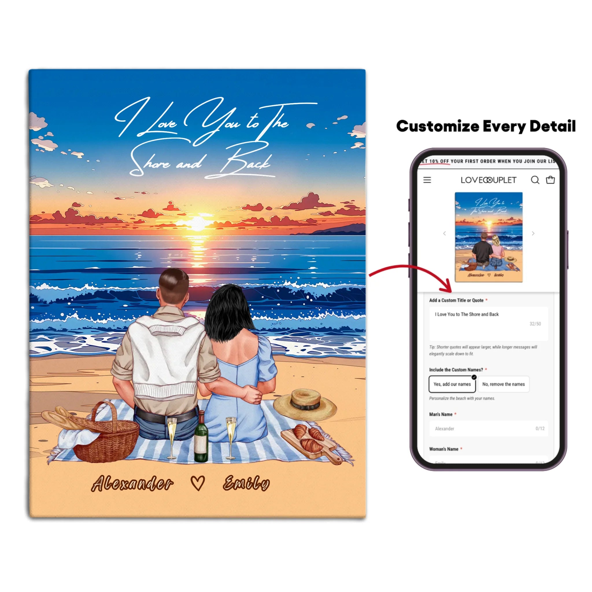 Personalized couple canvas of two people sitting together on a beach picnic blanket at sunset, with a custom romantic quote above the ocean and their names written in the sand — LOVECOUPLET