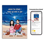 Personalized couple portrait canvas of two front-facing people sitting together on a beach picnic blanket under the stars, with customizable facial features, adult and senior couple options — LOVECOUPLET