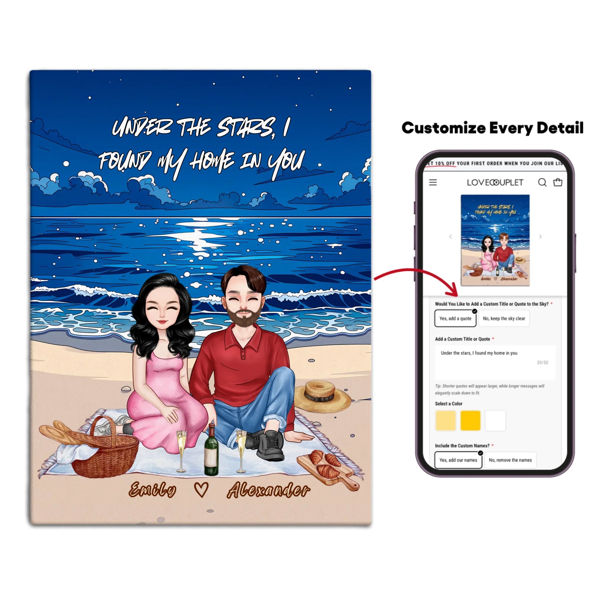 Personalized couple portrait canvas of two front-facing people sitting together on a beach picnic blanket under the stars, with customizable facial features, adult and senior couple options — LOVECOUPLET