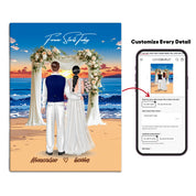 Forever Starts Today personalized wedding couple canvas of two people standing beneath a floral beach ceremony arch at sunset, with a custom quote above them and their names displayed at the bottom — LOVECOUPLET