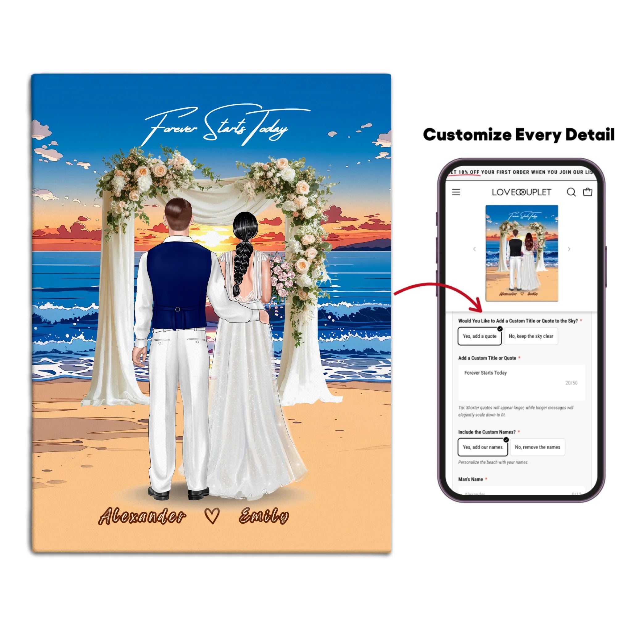 Forever Starts Today personalized wedding couple canvas of two people standing beneath a floral beach ceremony arch at sunset, with a custom quote above them and their names displayed at the bottom — LOVECOUPLET