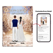 Always and Forever personalized wedding couple canvas of two people standing together in a romantic floral garden scene, with a custom quote above them and their names displayed at the bottom — LOVECOUPLET
