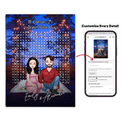 10 Reasons It’s Always Been You personalized couple portrait word search canvas of two front-facing people sitting together under string lights by the water, with 10 custom words circled in the grid and their names displayed at the bottom — LOVECOUPLET