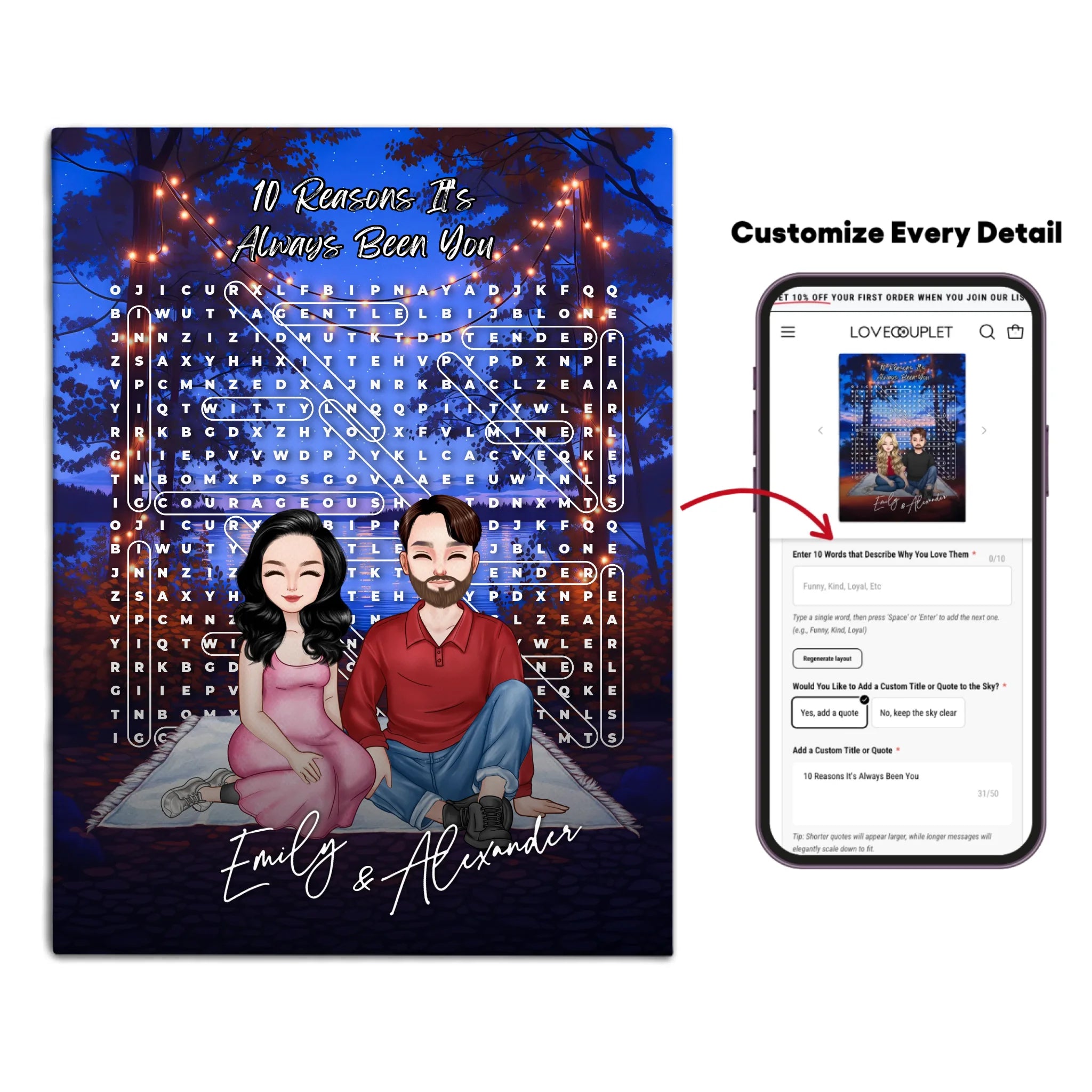 10 Reasons It’s Always Been You personalized couple portrait word search canvas of two front-facing people sitting together under string lights by the water, with 10 custom words circled in the grid and their names displayed at the bottom — LOVECOUPLET