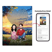 All Along It Was You personalized couple portrait canvas of two front-facing people sitting together in a golden meadow at sunset, with custom lyrics shaped into a heart above them and their names displayed at the bottom — LOVECOUPLET