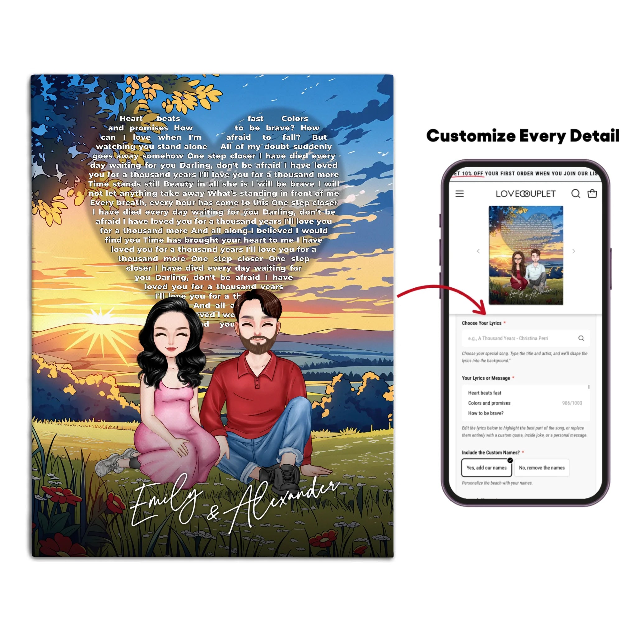 All Along It Was You personalized couple portrait canvas of two front-facing people sitting together in a golden meadow at sunset, with custom lyrics shaped into a heart above them and their names displayed at the bottom — LOVECOUPLET