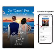 Our Special Day personalized wedding couple canvas of two people standing together on a beach at sunset, with a custom title, subtitle, handwritten names, wedding date, and personalized characters — LOVECOUPLET